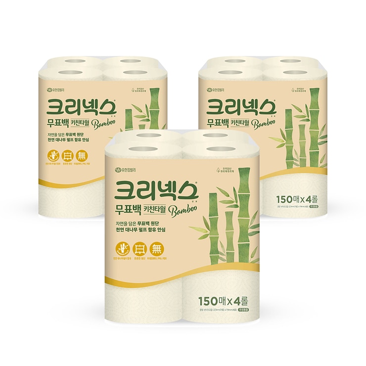 크리넥스 무표백 밤부 키친타월 150 매 x 4 롤 x 3
