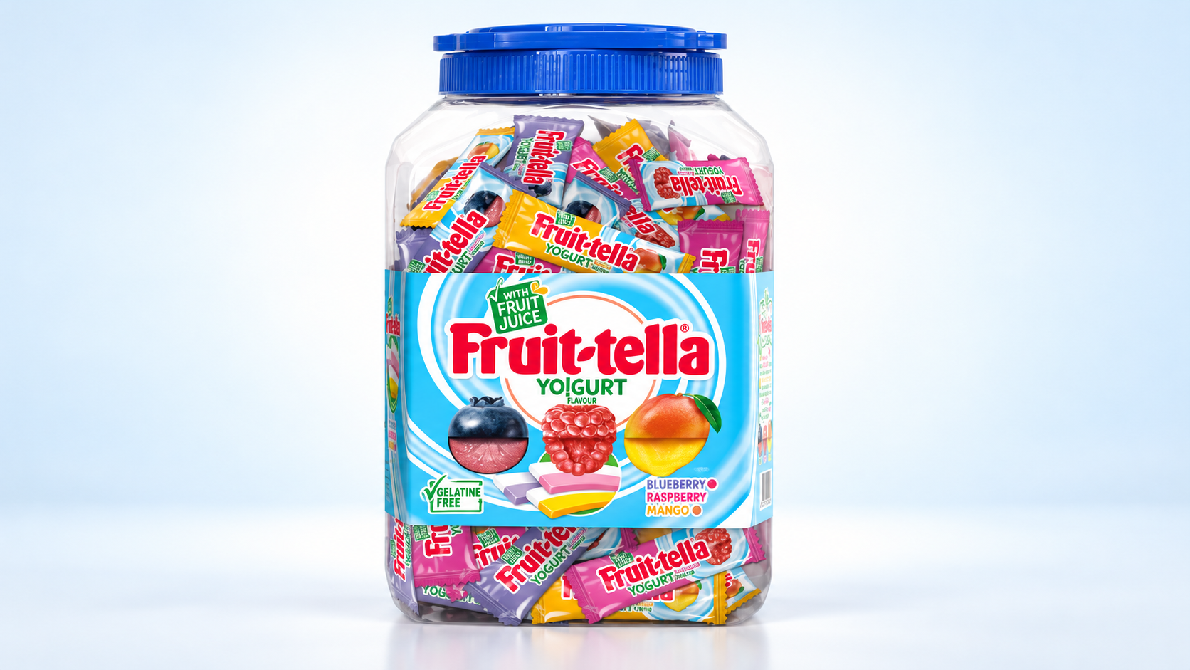 FRUIT-TELLA 요구르트츄 1500G, 통 구성과 세 가지 맛 표기
