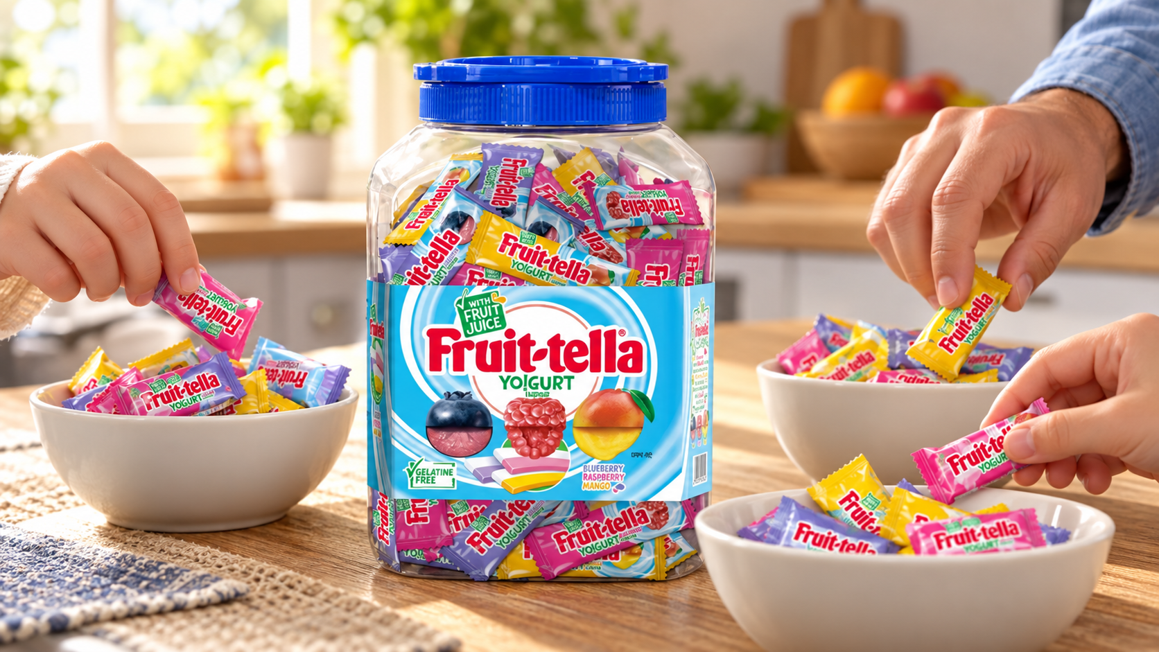 FRUIT-TELLA 요구르트츄 1500G, 통 구성과 세 가지 맛 표기 상세 이미지 2