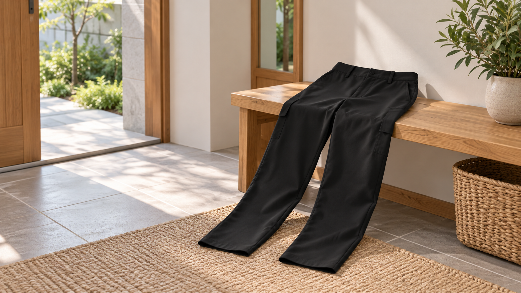 NEPA카고 스판팬츠 M-XXL ASIAN SIZE, 검정색과 옆 포켓 구성 상세 이미지 2