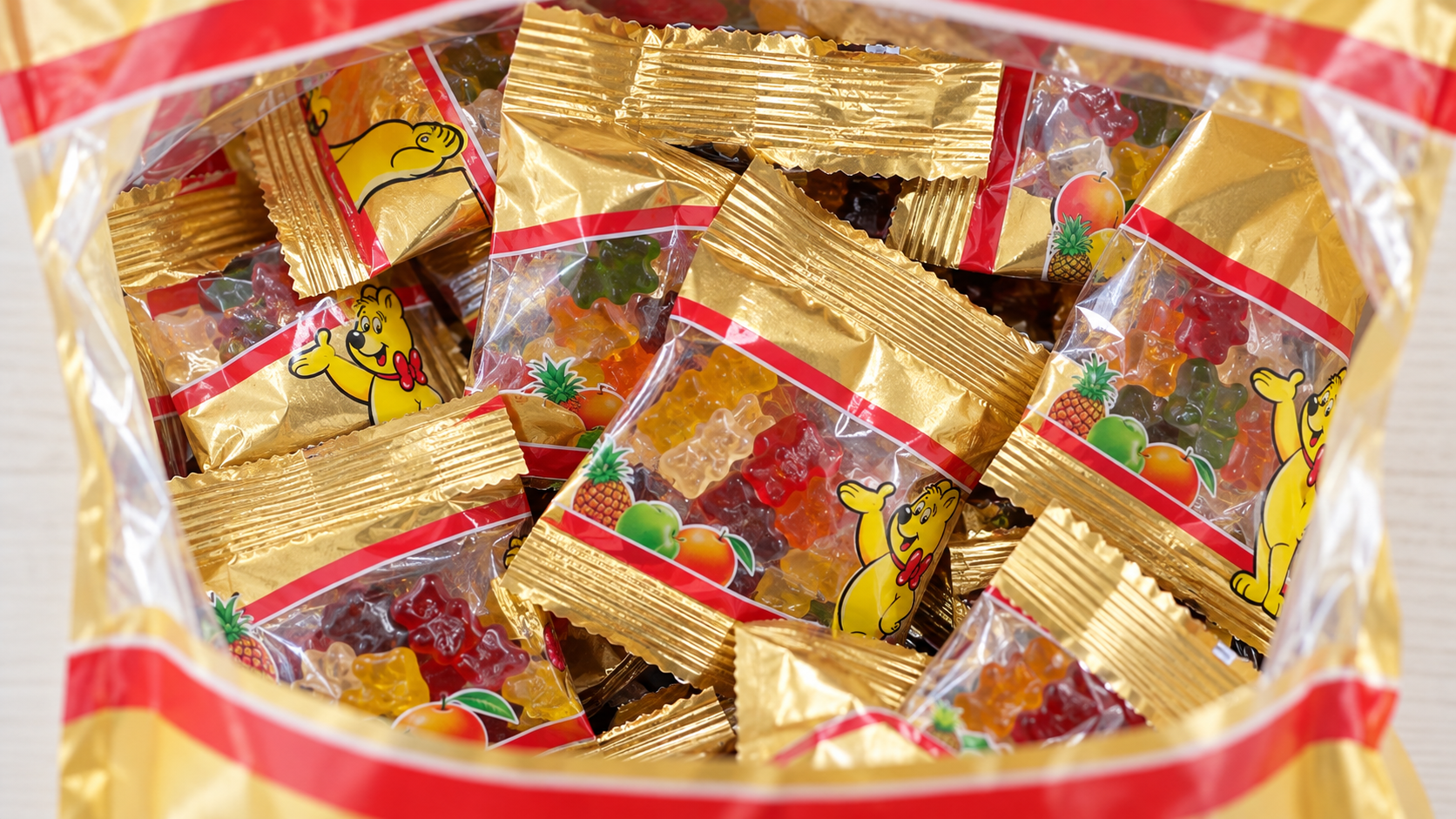 HARIBO 골드베렌 젤리 1285G, 개별 포장과 과일 맛 종류 정리 상세 이미지 1